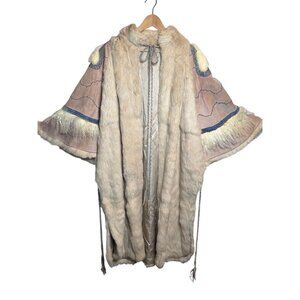 Vtg. Vera Pelliccia Rabbit Fur Suede Boho Poncho Artistic Embroidery RARE